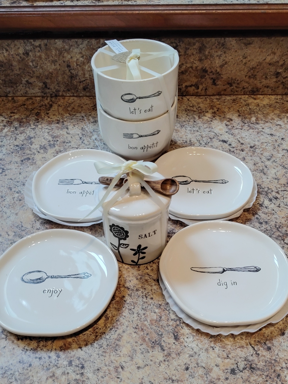 Rae Dunn White Ceramic Salt Jar with Wooden Spoon,Bowls And Appetizer Plates